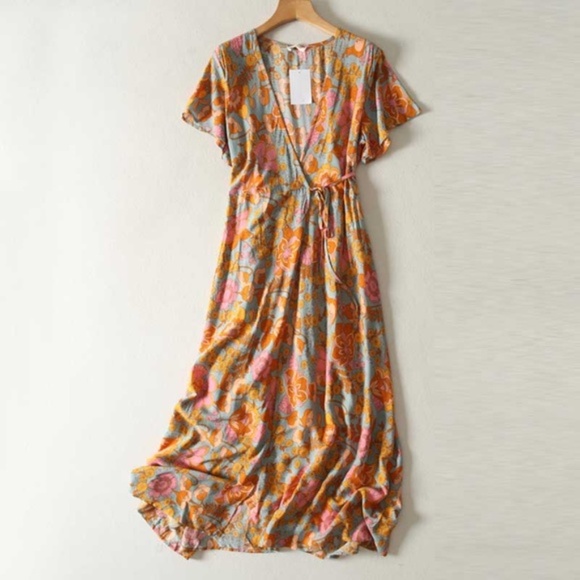 Boho orange floral print wrap maxi dress v neck - Picture 6 of 8